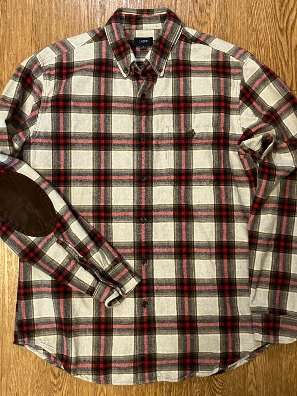 J Crew Plaid Flannel Shirt Elbow Patches Heavy Twill Cotton Button Down